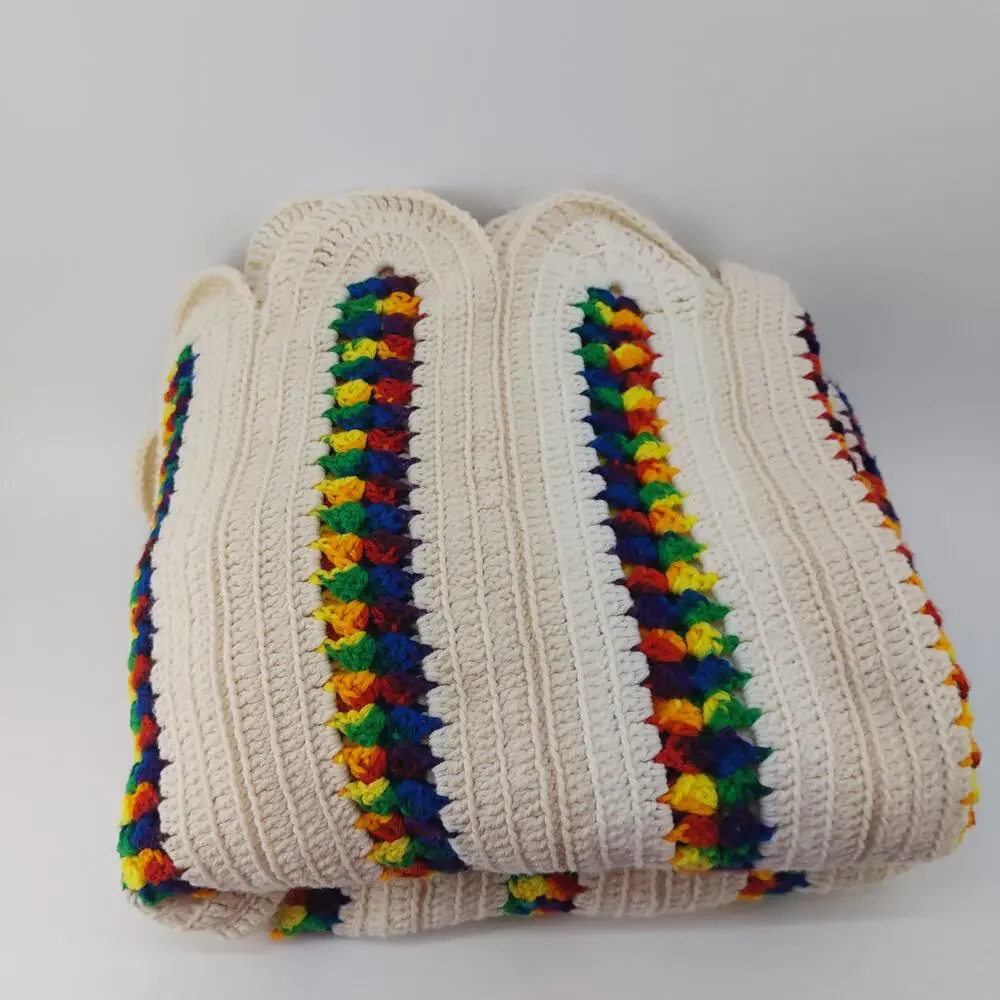 Afghan Blanket Crochet Scalloped Beige Striped Rainbow 83